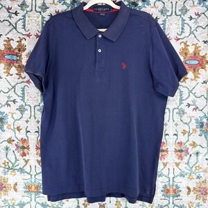 US Polo Assn Mens XL Navy Blue Pique Cotton Short Sleeve Polo Shirt Logo Red